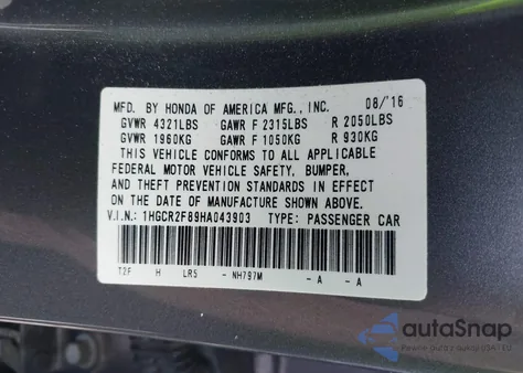 2017 Honda Accord Ex-L из США, поврежденный, VIN 1HGCR2F89HA043903